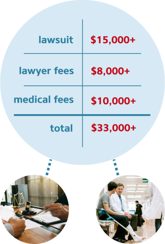 Liability fees graphic - Lawsuit: $15,000+, Lawyer Fees: $8,000+, Medical Fees: $10,000+, Total: $33,000+ | Alfa Insurance